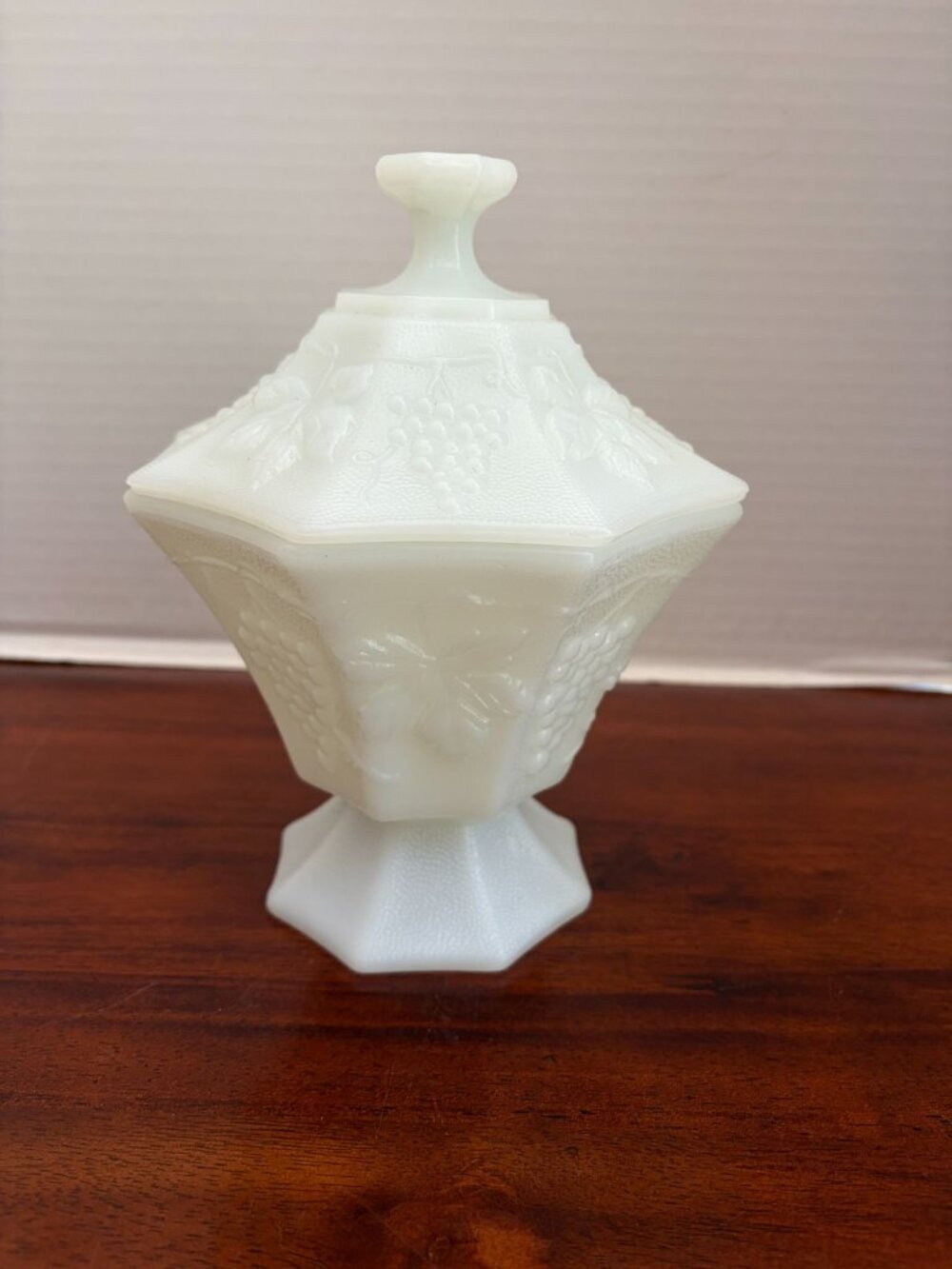 Vintage Anchor Hocking Milk Glass Footed Candy Dish, Embossed Harvest Grape and